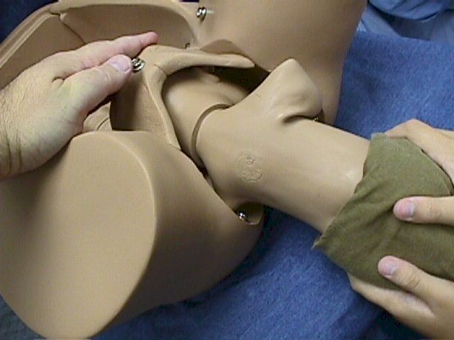Exert gentle outward traction, rotating the torso a small amount each way to free the scapulas.